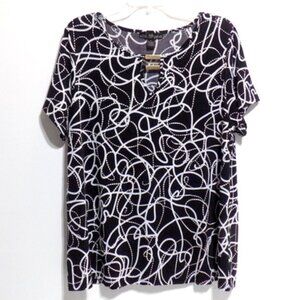 80 Park Women’s Black & White Abstract Print V-Neck Cap Sleeve Top – Size: 1X